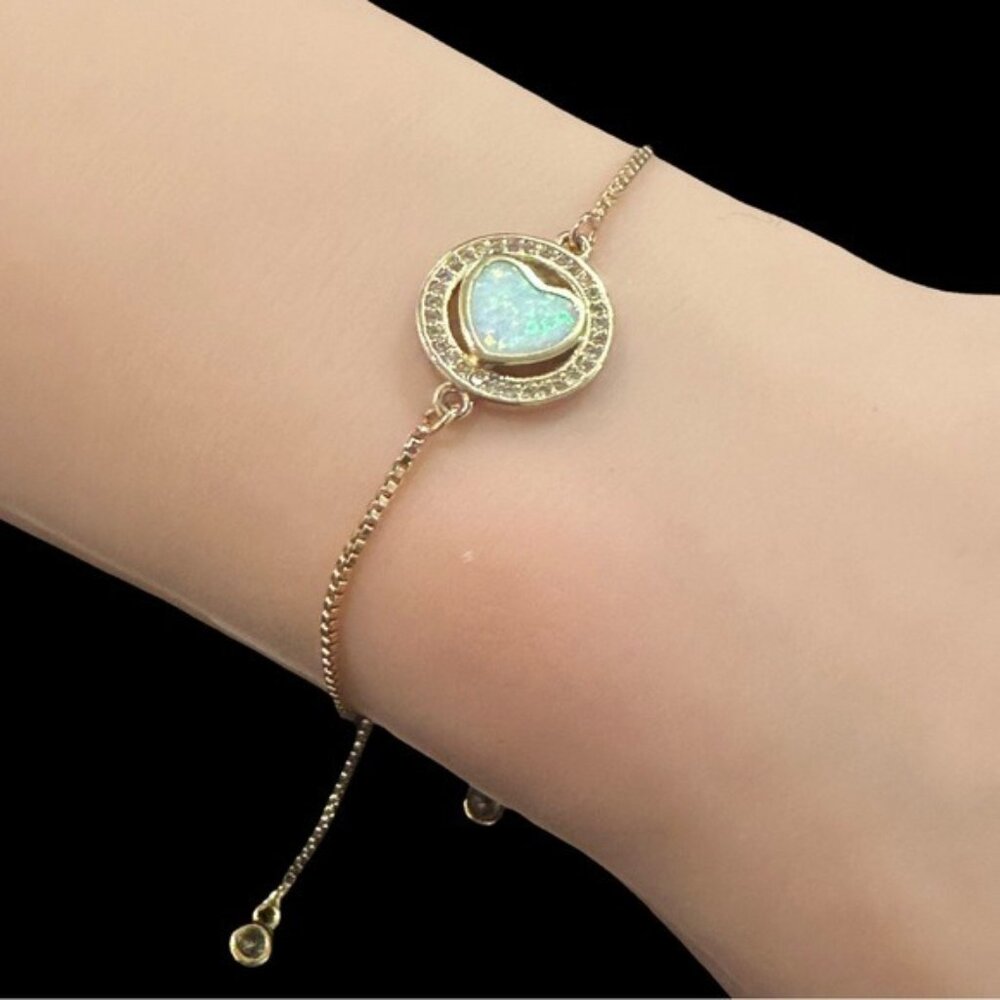 Gold Adjustable Bracelet With Opal Heart Charm & Rhinestone Detailing For Women